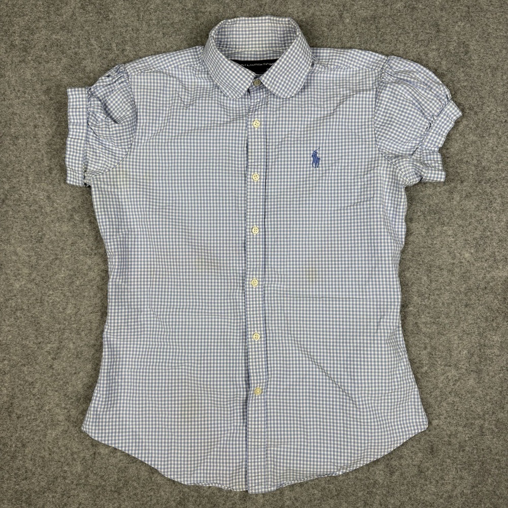 Ralph Lauren Sport Shirt Womens 6 Blue Gingham Button Up Puff Short Sleeve Top